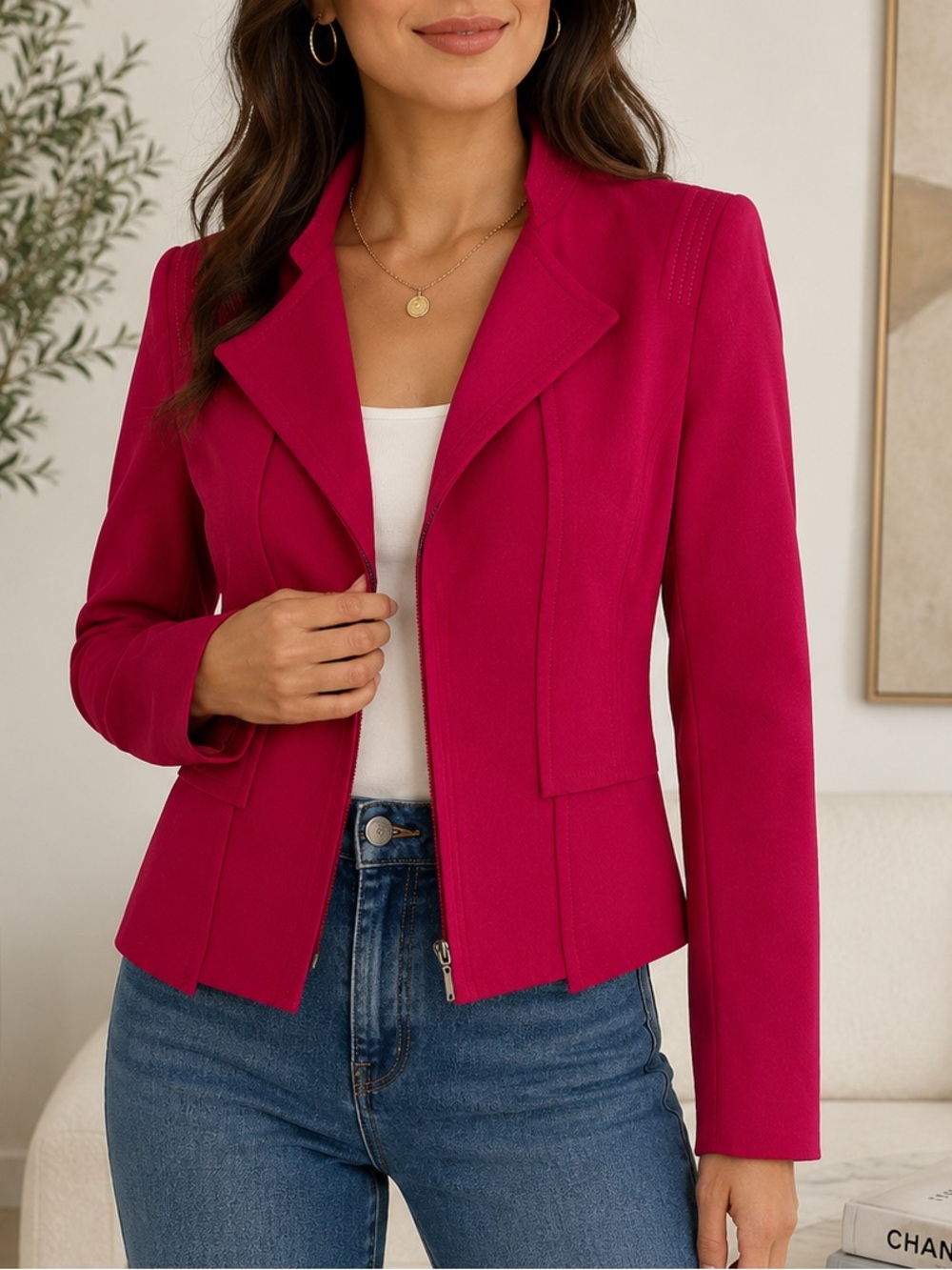 WHBM White House Fuchsia Black Market Zip Front Jacket Blazer Size 4 Career Chic